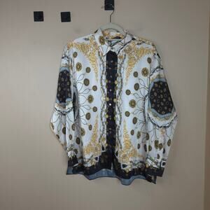 Zara Woman Ecru Chain Scarf Print Long Sleeve Button Down Blouse Size Large